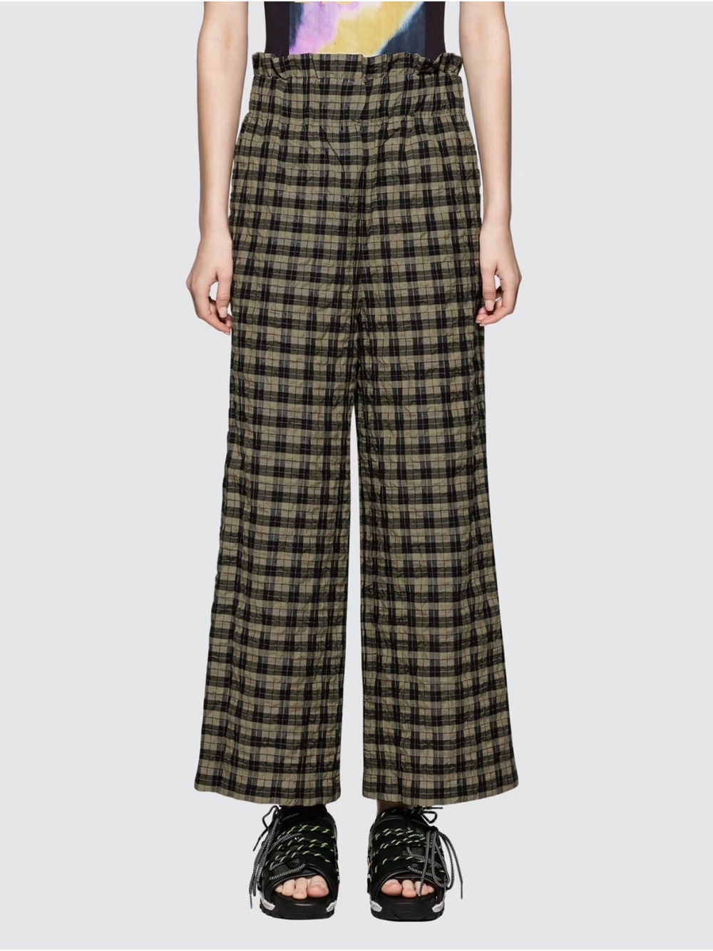 Ganni Olive & Black Seersucker Gingham Wide Leg Plaid Pants size 34